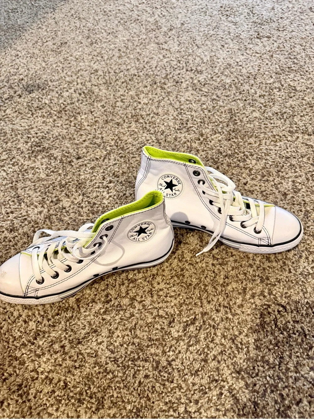 Unisex White Leather High-Top Converse Sneakers with Neon Lime Lining